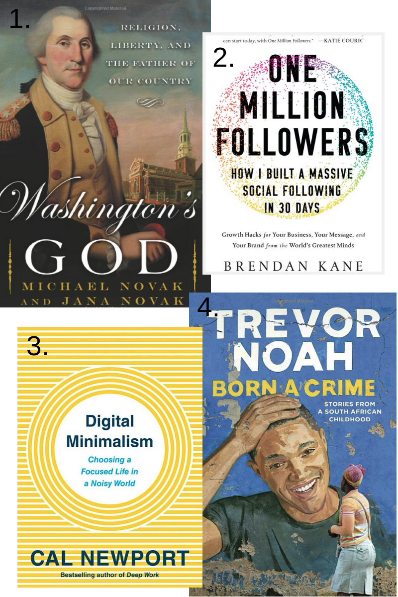 4 books that Gabie is currently reading: "Washington's God" | "One Million Followers" | "Digital Minimalism" | "Born A Crime"