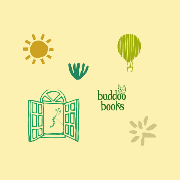 Green window with kite, sun, air balloon, and "buddoo books" logo on yellow.