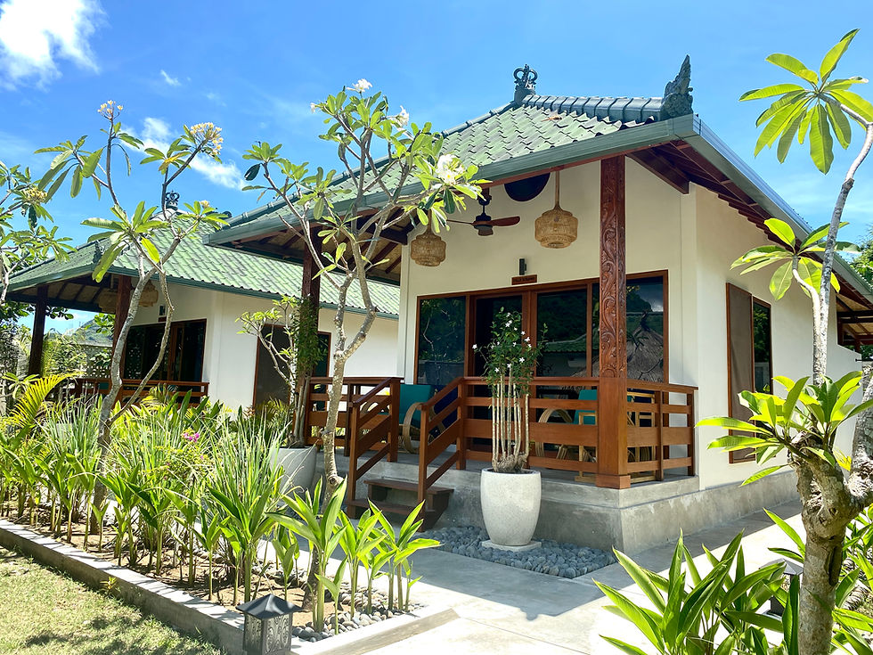 Tropical house with green roof and wooden porch