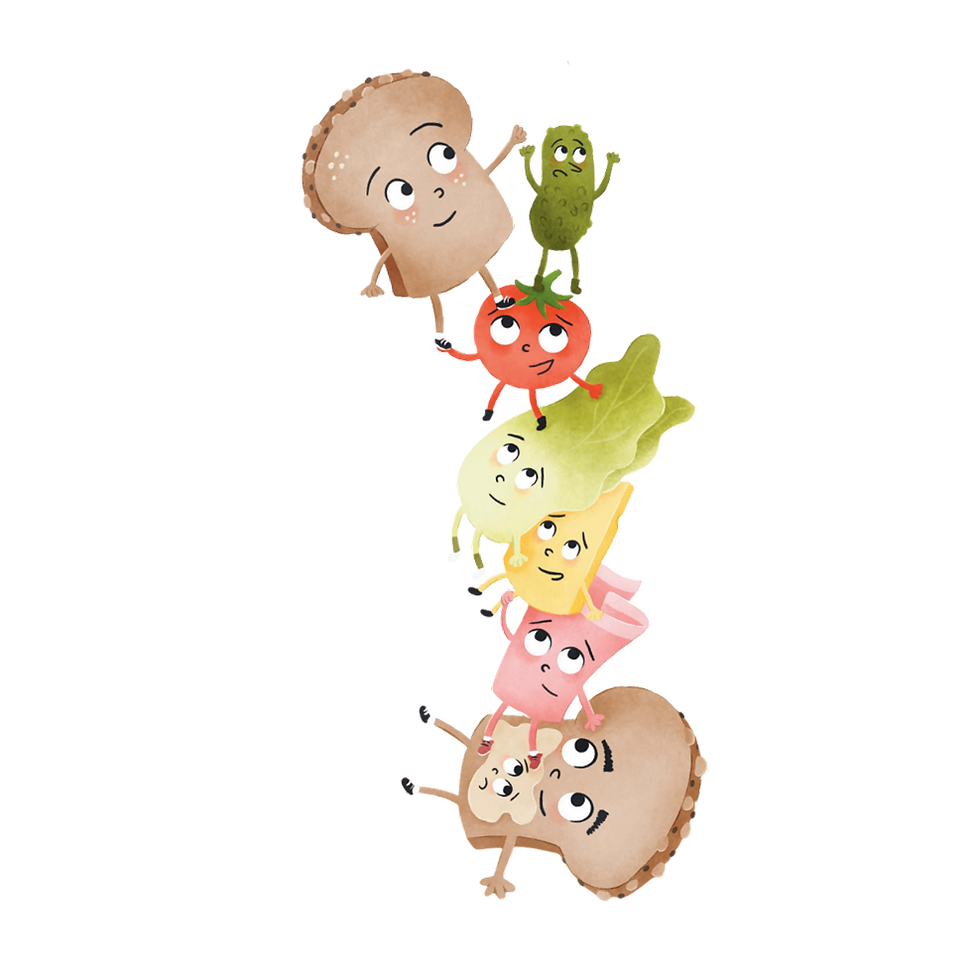 A tall stack of cartoon vegetables and a mushroom with faces