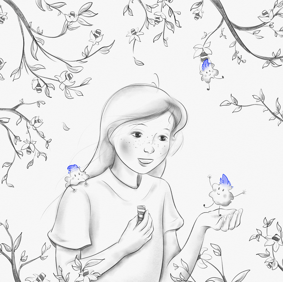 Girl with small fairies among tree branches