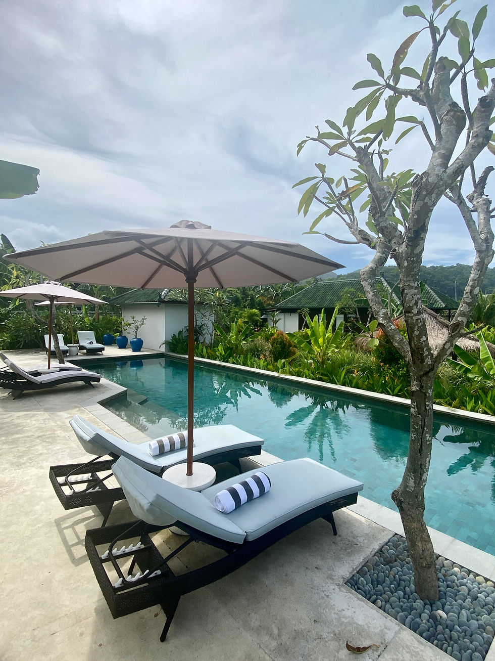 Outdoor swimming pool with lounge chairs and umbrella