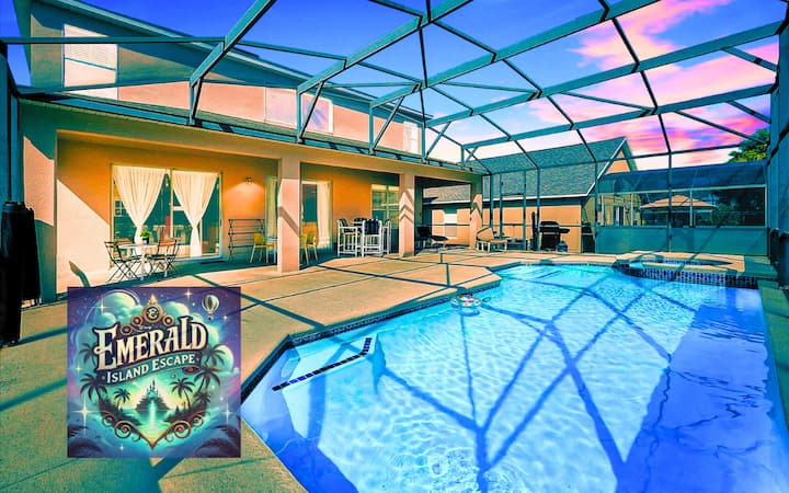 Pool deck at dusk under the screen enclosure