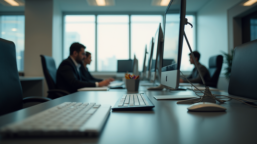 Eye-level view of a busy office workspace with multiple desks