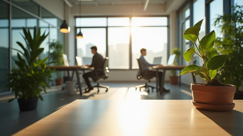 Eye-level view of a modern office space with plants and natural light