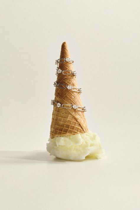 Creative jewellery photography concept featuring diamond rings on waffle cone by Chocianaite Creative Agency
