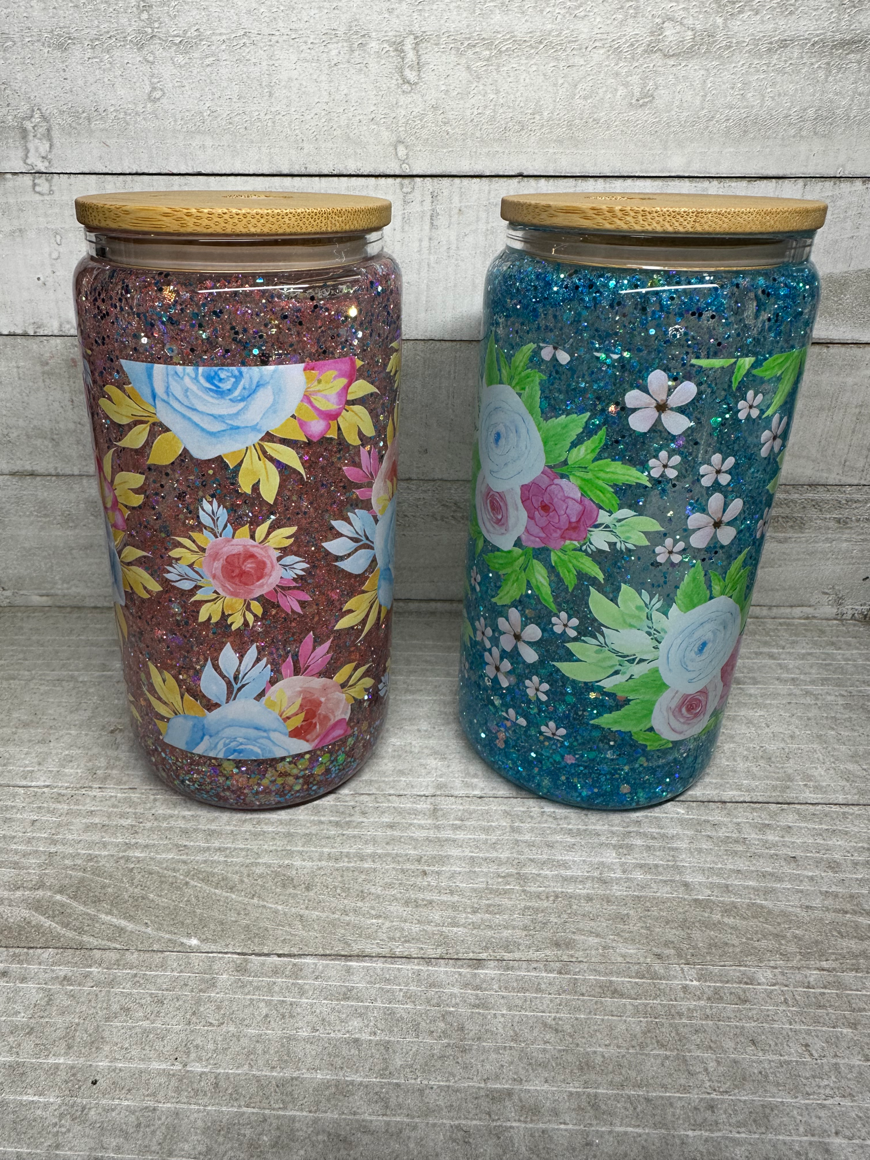 Pink & Blue Flowers || Spring Summer || Snowglobe Glass Can Cup