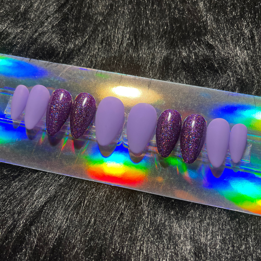 Purple Matter & Glitter || Almond Medium Length || False Nails