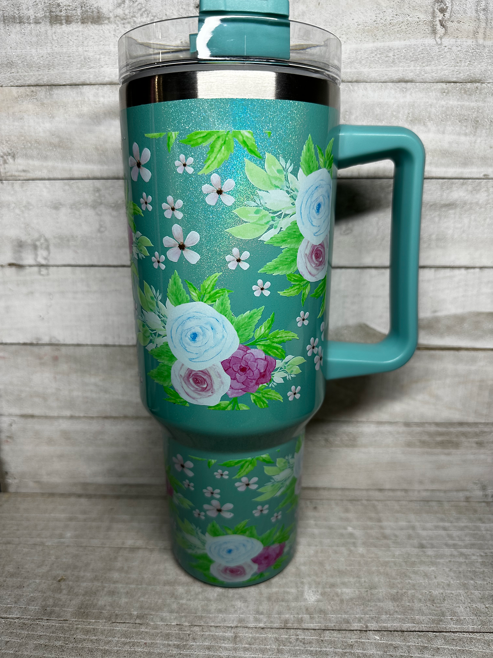 Thumbnail: Pink & Blue Flowers, Green Leaves || Spring Summer || 40 oz Tumbler