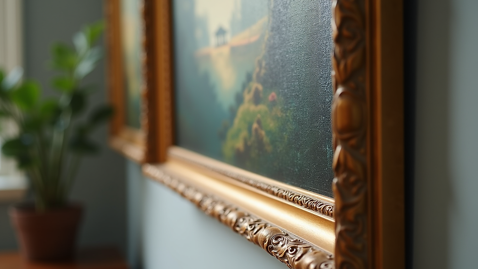 Close-up view of a beautifully framed painting with intricate wooden frame