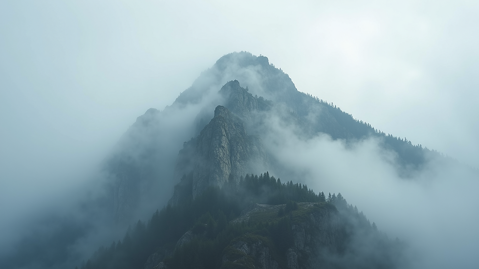 Close-up view of a mountain peak shrouded in mist