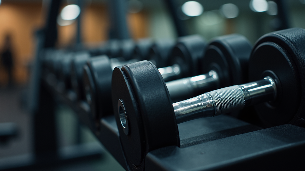 Close-up view of adjustable dumbbells on a rack in a home gym
