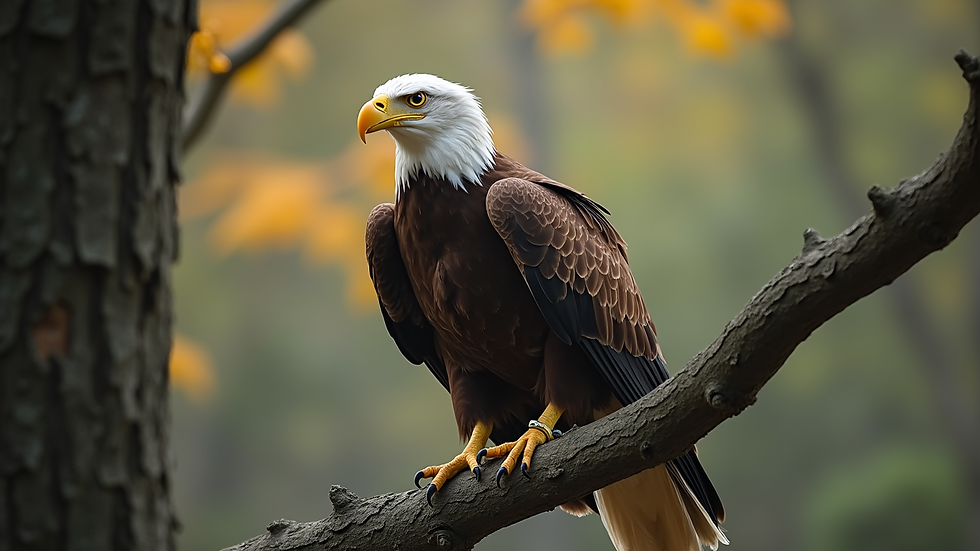 Eye-level view of a majestic eagle perched on a branch