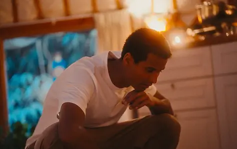 A man squatted down with his hands on his knees