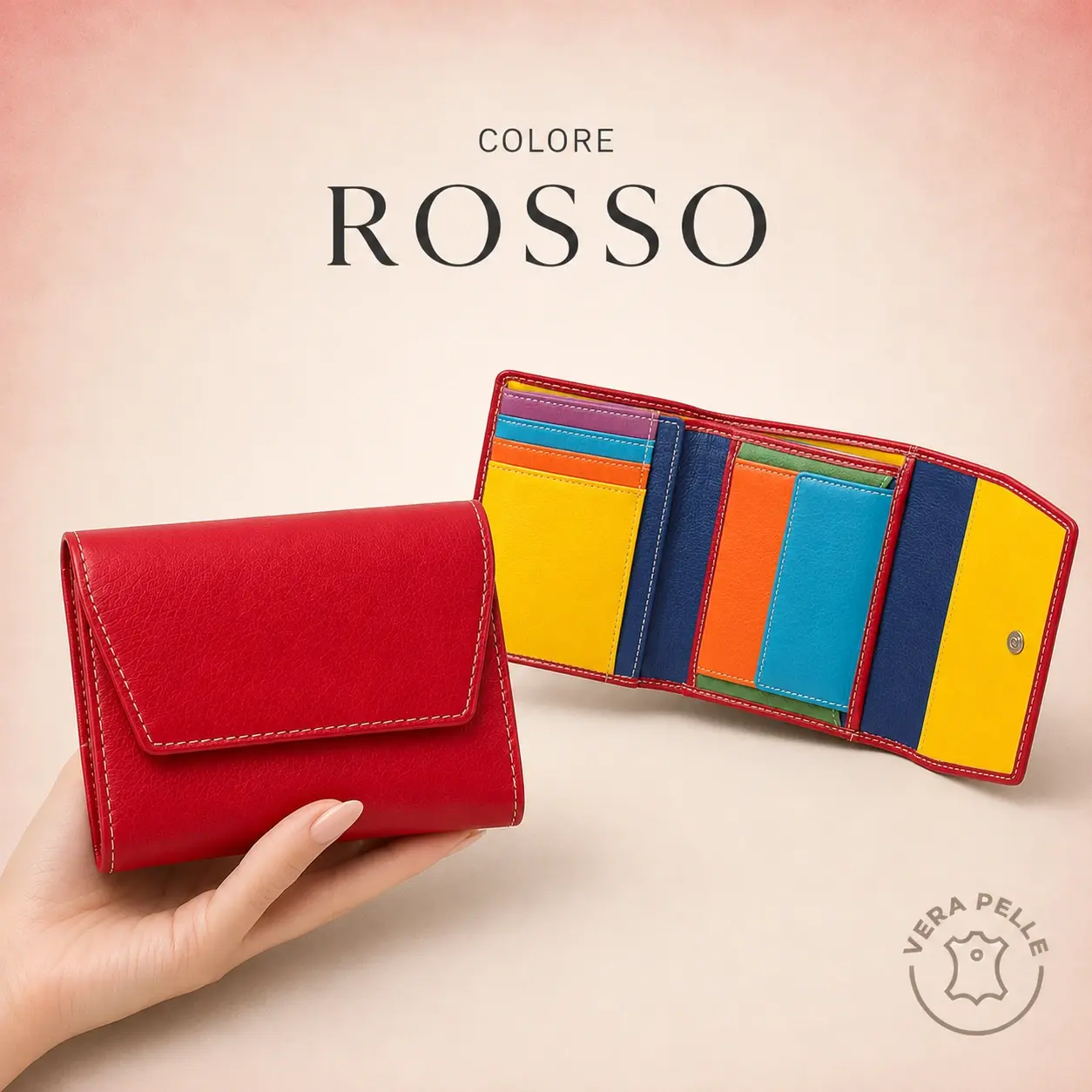 Rosso - Portafoglio Donna "Tratto" - Vera Pelle - 12 cm x 9,5 cm