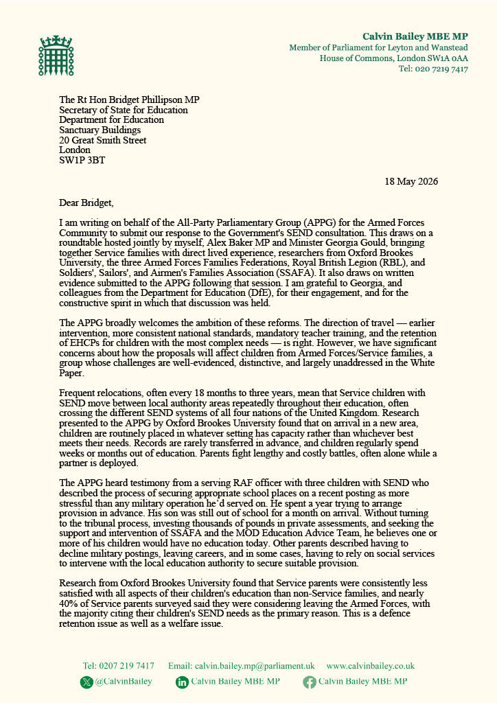 As Chair of the APPG for the Armed Forces Community, I’ve submitted the APPG’s response to the Government’s SEND consultation following engagement with Service families, charities, researchers and the Armed Forces Families Federations.