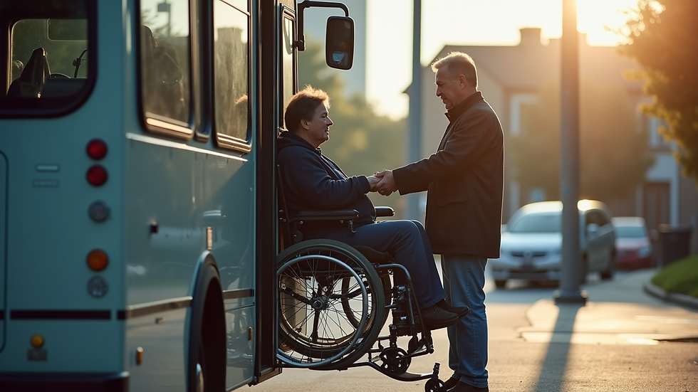 Close-up view of a shuttle driver assisting a senior passenger with a wheelchair ramp