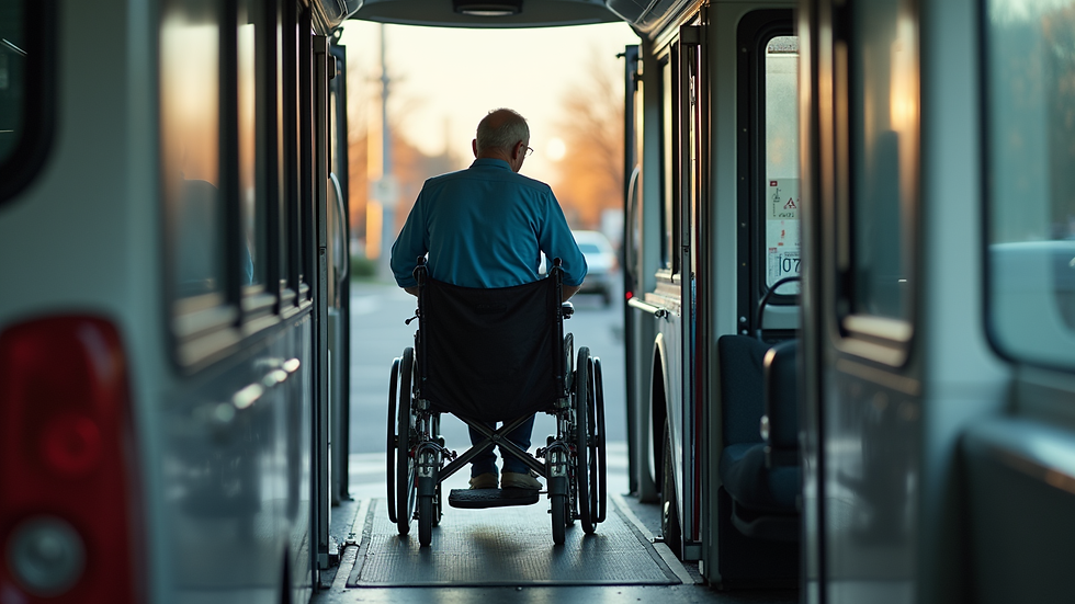 Close-up view of a shuttle driver assisting an elderly passenger with a wheelchair ramp