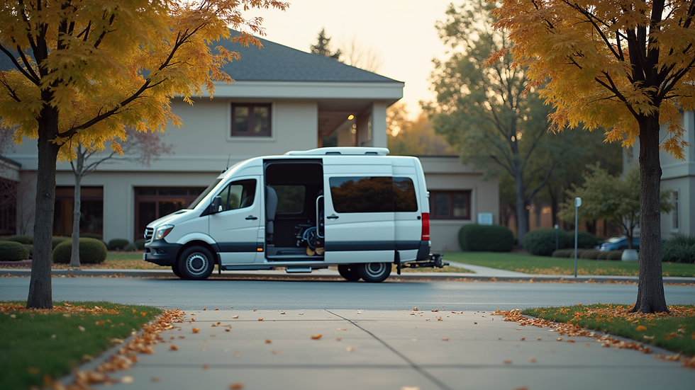 Eye-level view of a wheelchair-accessible van parked outside a community center