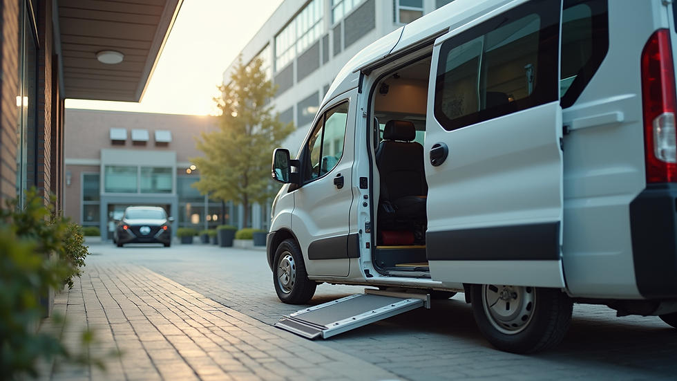 Eye-level view of a wheelchair-accessible van parked outside a medical clinic