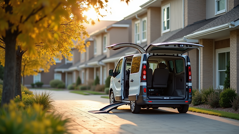 Eye-level view of a wheelchair-accessible van parked outside a senior living community