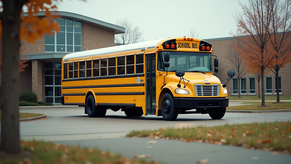 Eye-level view of a community shuttle parked outside a school building