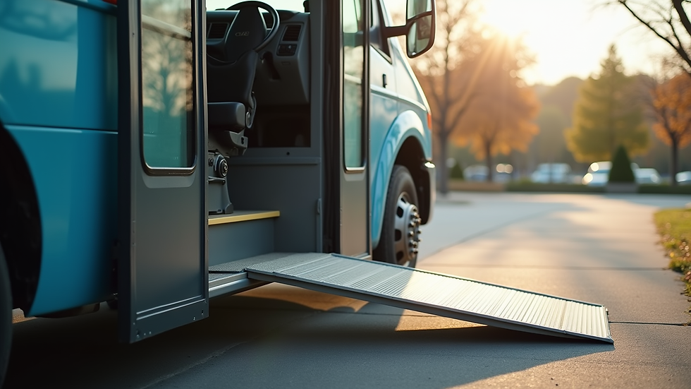 Close-up view of a senior-friendly shuttle vehicle with a ramp extended
