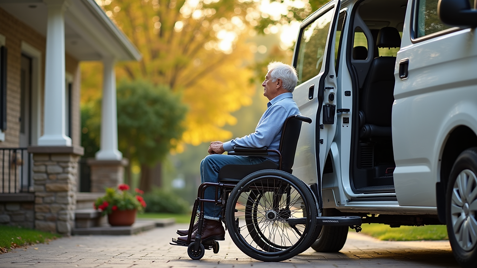 Close-up view of a wheelchair-accessible vehicle door open at a senior living community