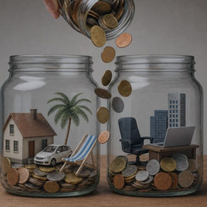 Moedas caindo em dois recipientes de moedas, um representando o pessoal e ou outro da empresa.