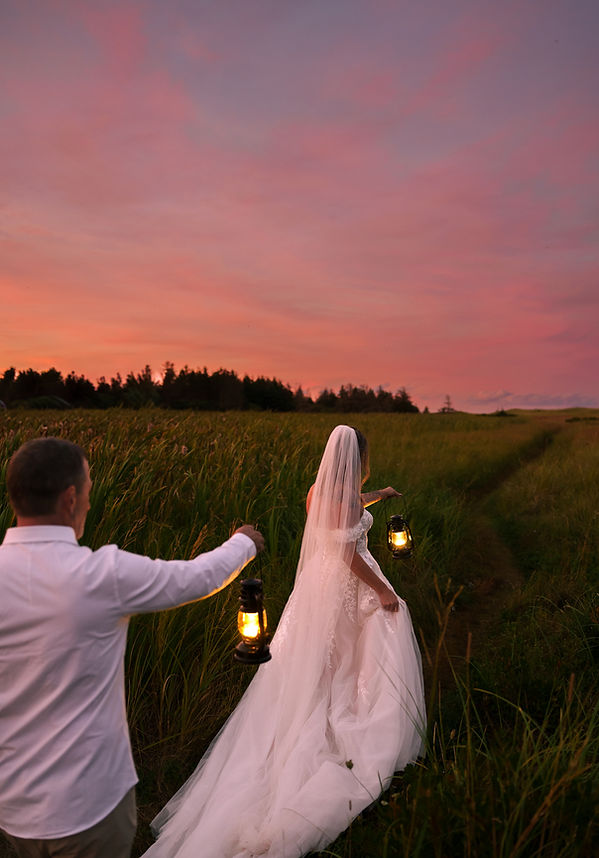 Sunset elopement with lantrens on Prince Edward Island with Jane's Island Photography.