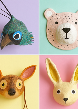 Small animal portair art. A peacock, a bear, a deer, a rabbit. Al have pastel colour backgrounds.