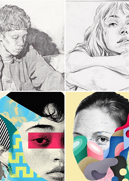 Sketched portaits of a boy and a girl. two collage images with colours and shapes.