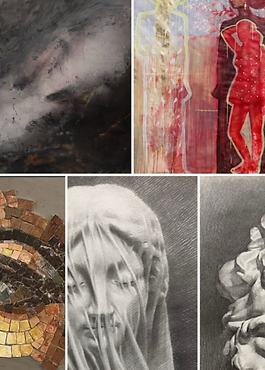 Images displaying art from different eras. Mosaic eye, sketch of a sculptured woman, sketch of a sculptured man.