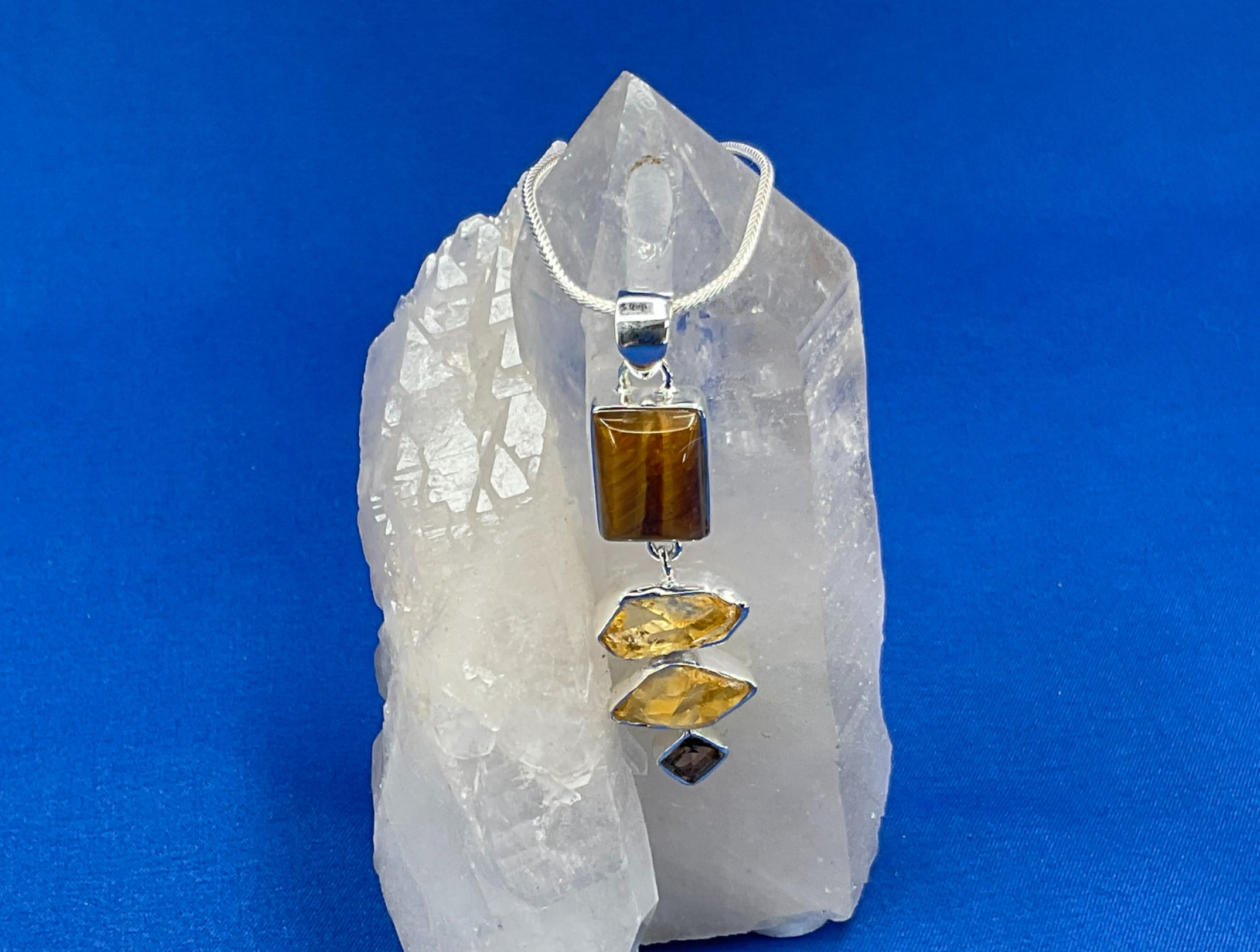 Tiger Eye, raw Citrine and Smoky Quartz pendant