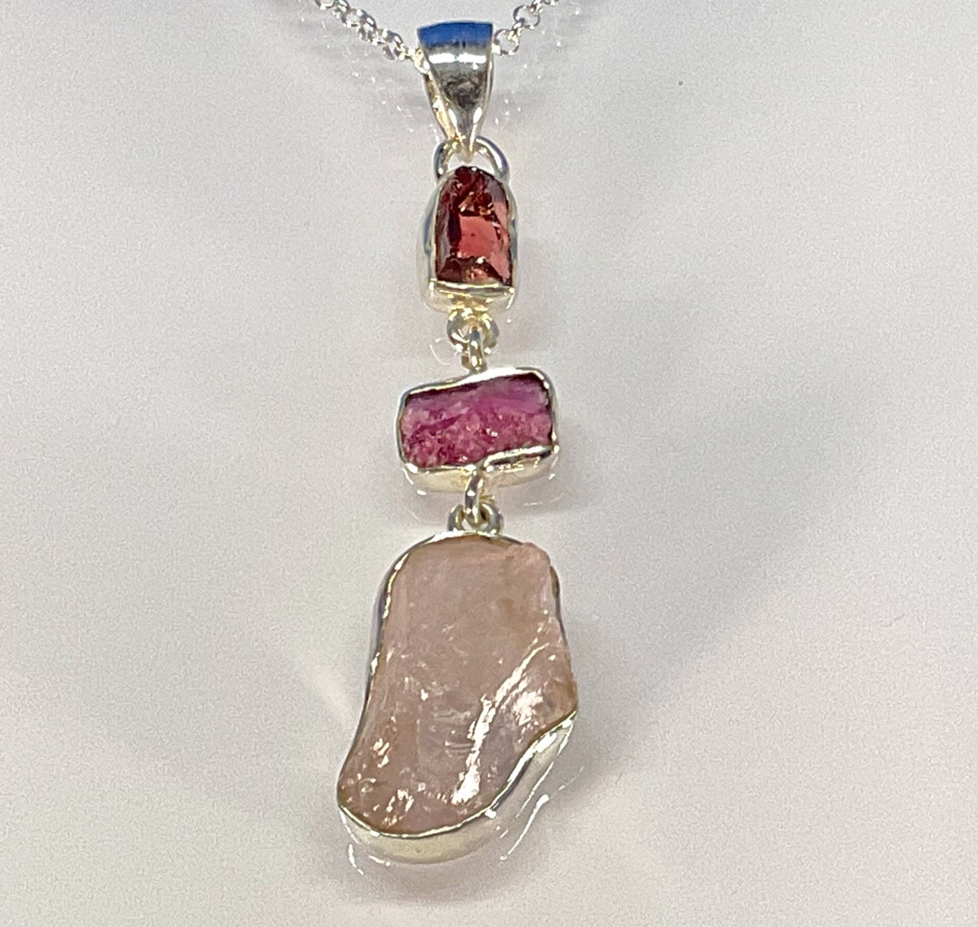 Rough Rose Quartz, Tourmaline and Garnet pendant