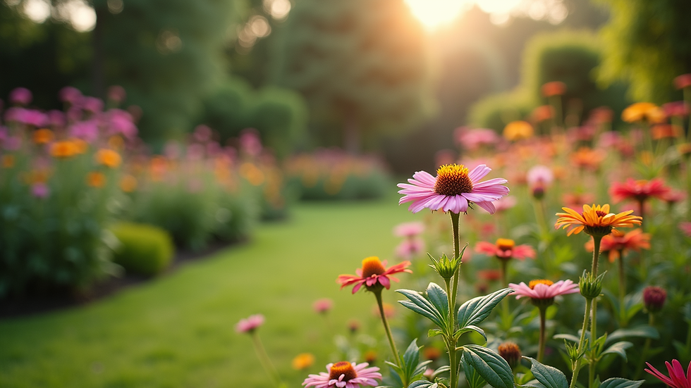 Wide angle view of a well-maintained garden with colorful flowers