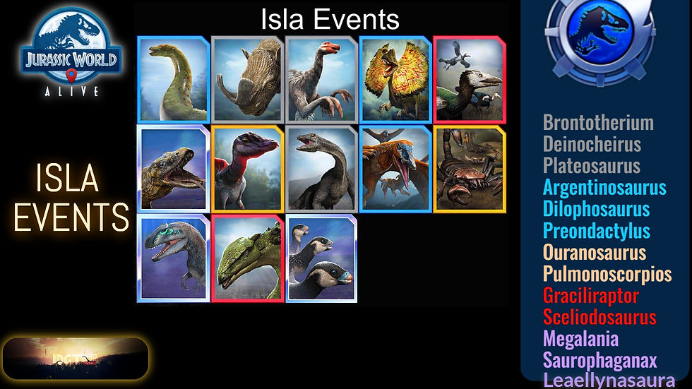 Dinosaur cards with varied borders and a Jurassic World Alive logo. Titles: Isla Events, dinosaur names list. Dark background.