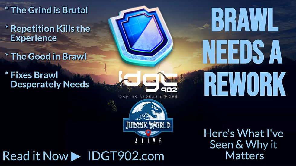 Blue text on sunset background reads: "Brawl Needs a Rework." Lists issues with Brawl. Includes blue shield emblem and Jurassic World Alive logo.