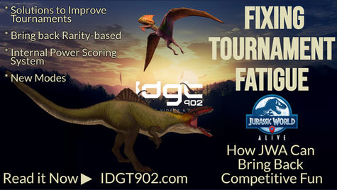 Dinosaurs against a sunset with text about tournament solutions and "Jurassic World Alive." Includes IDGT902 branding and a call to action.