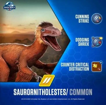 Dinosaur with open mouth on the left, labeled "SAURORNITHOLESTES/COMMON." Skills listed: Cunning Strike, Dodging Shriek, Counter Critical.
