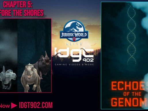 Dinosaurs in a misty forest, "Jurassic World Alive" logo centered, DNA strand with "ECHOES OF THE GENOME" text; read at IDGT902.com.