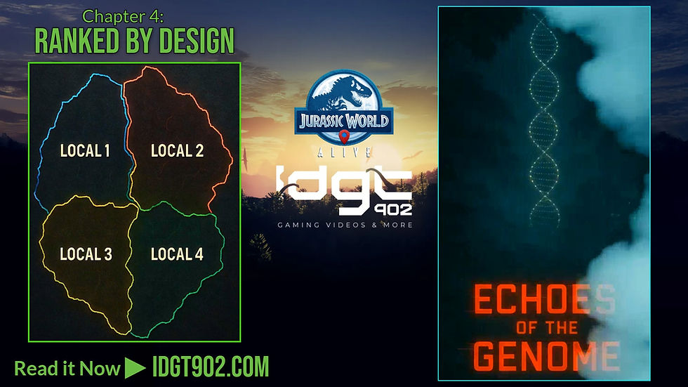 Map with four regions, "Local 1-4," outlined in colors. "Jurassic World Alive," DNA strand, "Echoes of the Genome." "Read it Now" on bottom.
