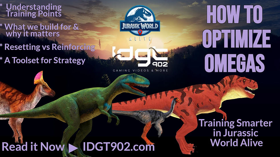 Dinosaurs in a sunset with text: How to Optimize Omegas. Jurassic World Alive logo. Various strategic tips listed, e.g., Understanding Training Points.