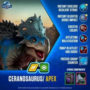 Dinosaur with blue scales and spikes, labeled "Ceranosaurus/Apex." Features and abilities listed on a blue patterned background.