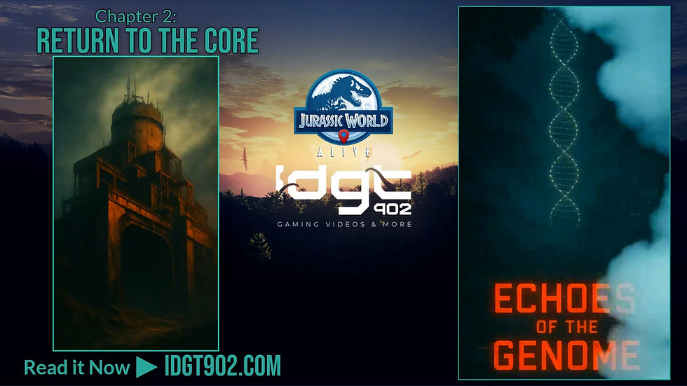 Futuristic building, sunset, dinosaur logo, DNA strand. Text: "Chapter 2: Return to the Core," "ECHOES OF THE GENOME," "IDGT902.COM." 