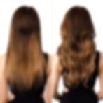 Before and after showing Vex Hair Honey Glow clip-in extensions adding length and volume