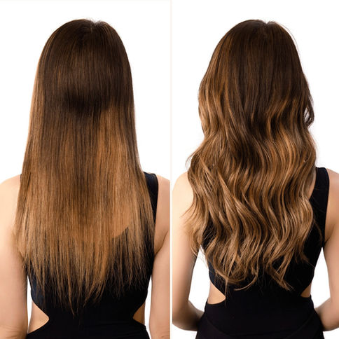Before and after showing Vex Hair Honey Glow clip-in extensions adding length and volume