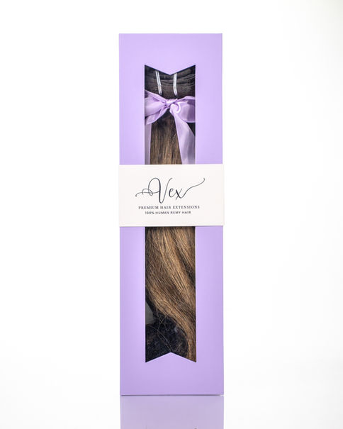Vex Hair Honey Glow seamless clip-in extensions packaging — purple box with shade panels