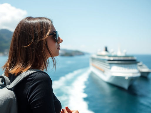 Woman with shoulder-length hair at a cruise ship railing, looking out at the sea