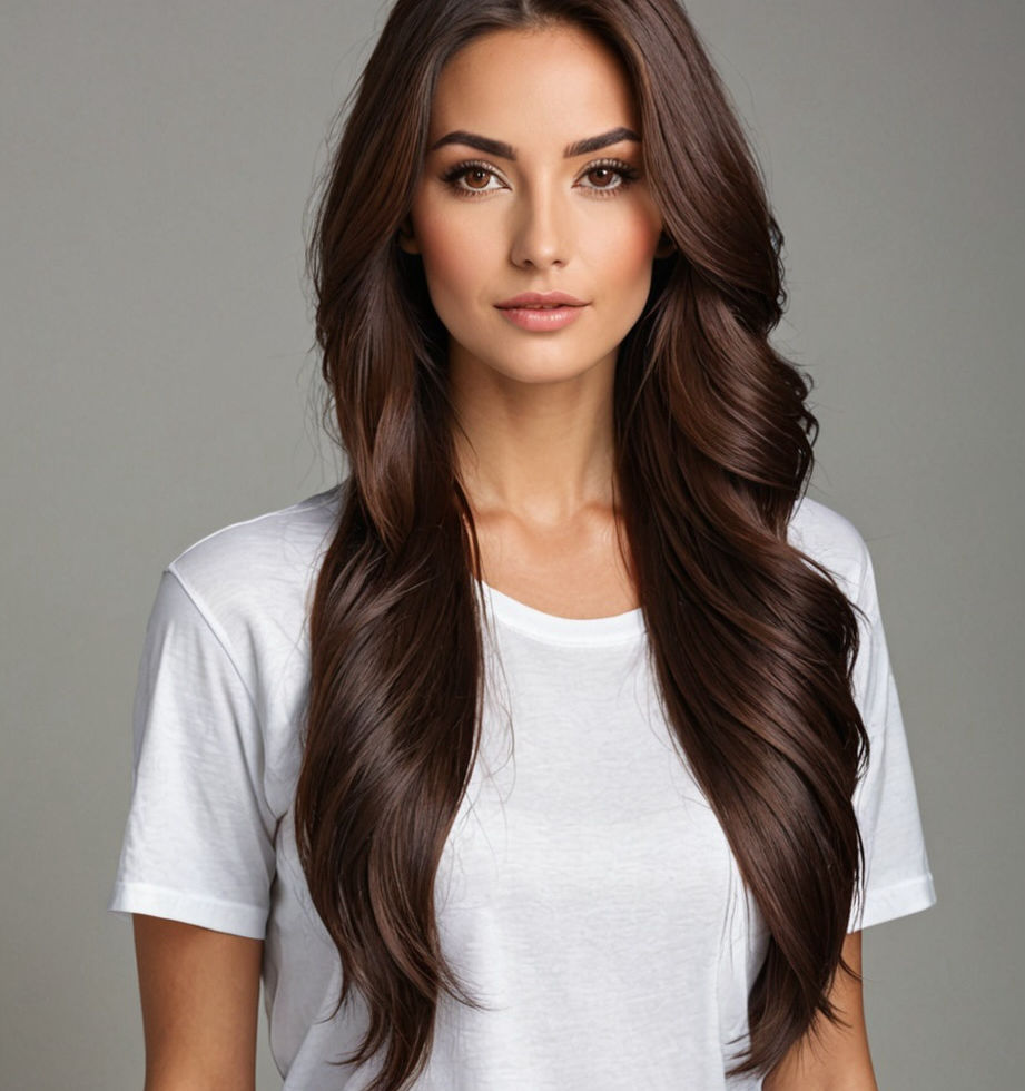 Model wearing Vex Hair Mocha Luxe clip-in extensions — deep brown hair styled in waves